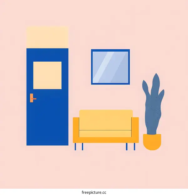 Simple Interior Design Illustration with Blue Door Yellow Couch and Plant