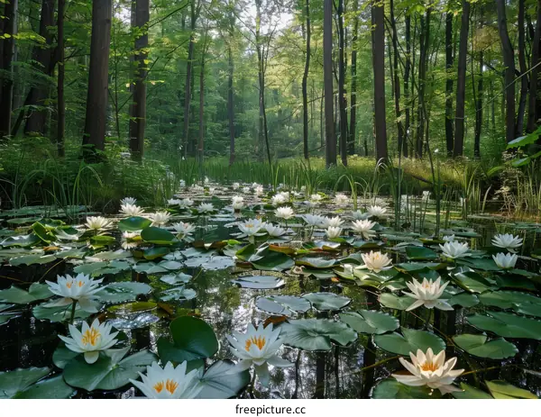 Mystical pond in the middle of a dense forest