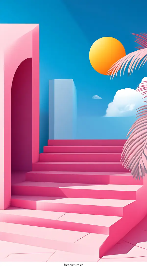 Pink Abstract Staircase with Sun and Palm Tree