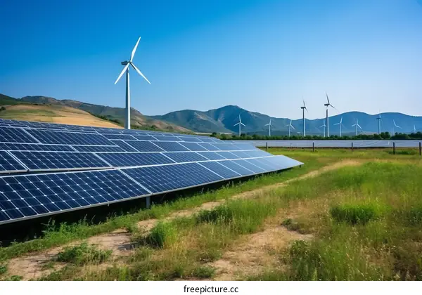 A large solar farm with wind turbines in the background