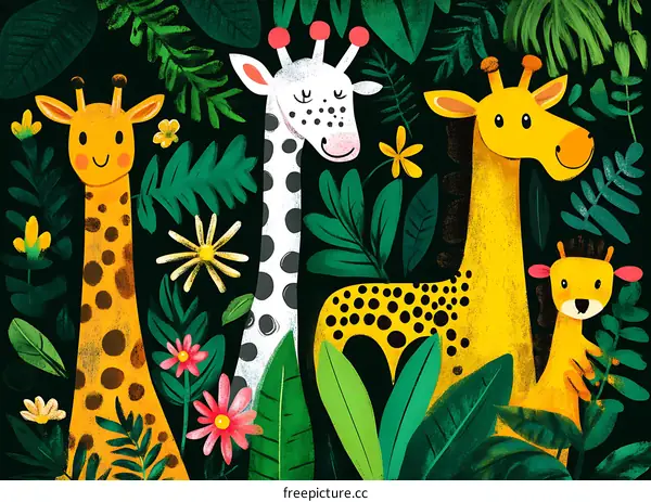 Cute Giraffe Family In Jungle Illustration