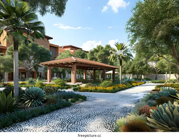 Stone Pathway With Gazebo And Palm Trees In Front Of  Building