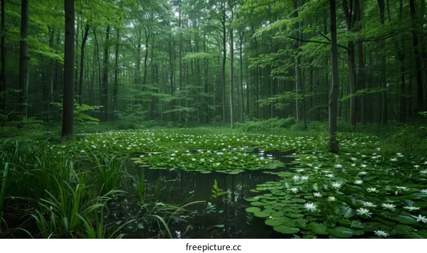 Mystical Green Forest Pond with White Water Lilies
