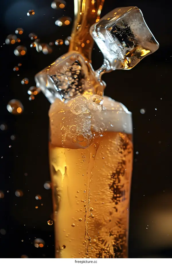 Ice Cubes Dropping into Glass of Beer