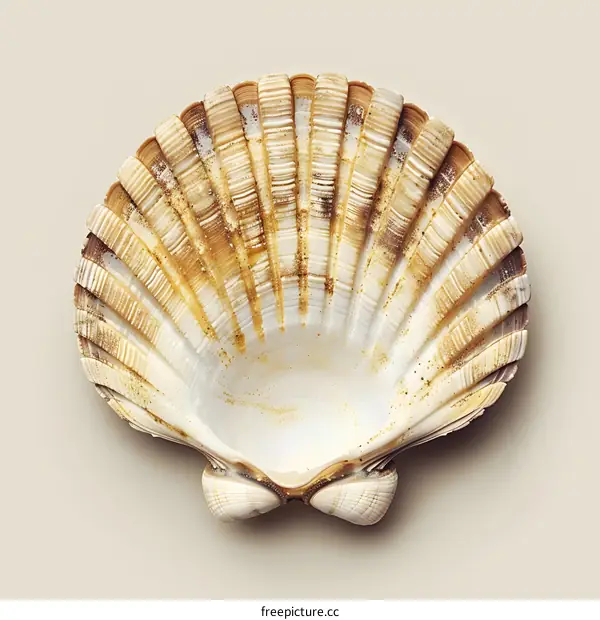 A studio shot of a single scallop shell against a beige background