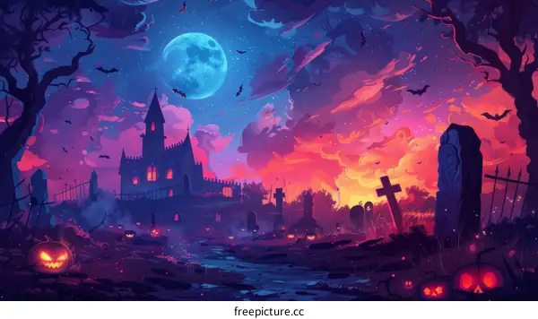 A spooky cemetery with bats flying in the moonlight