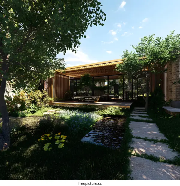 Modern House with Wooden Pergola and Lush Garden