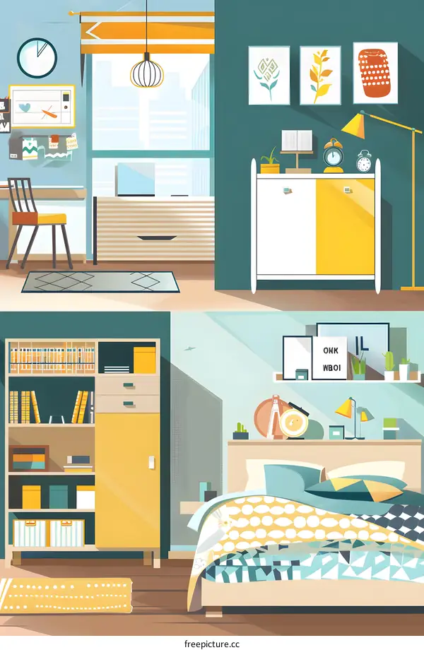 Minimalist Interior Design Bedroom Living Room Yellow Blue