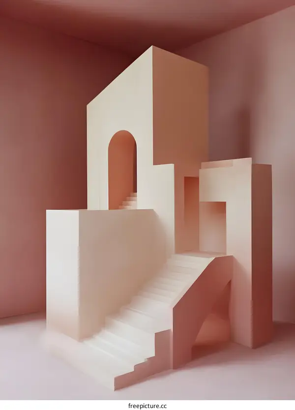 Abstract Minimalist Architecture with Pink Walls and White Stairs