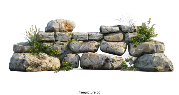 [Transparent Background PNG]Stone Wall with Flowers Isolated on transparent background