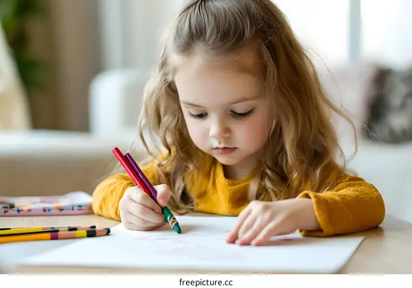 Little Girl Drawing with Colored Pencils