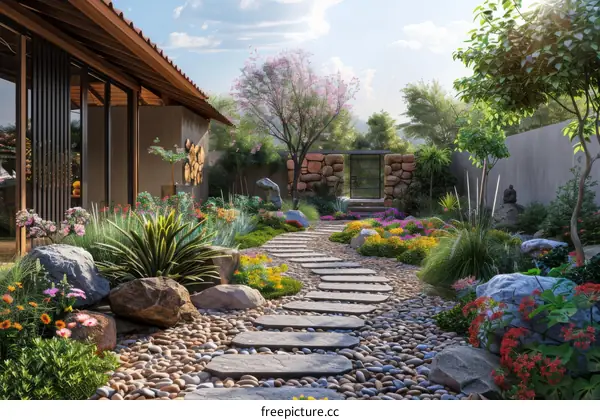 Japanese Zen garden with stone path and rock garden