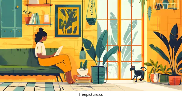 Woman Relaxing on Sofa in Cozy Home Decor with Plants and Cat