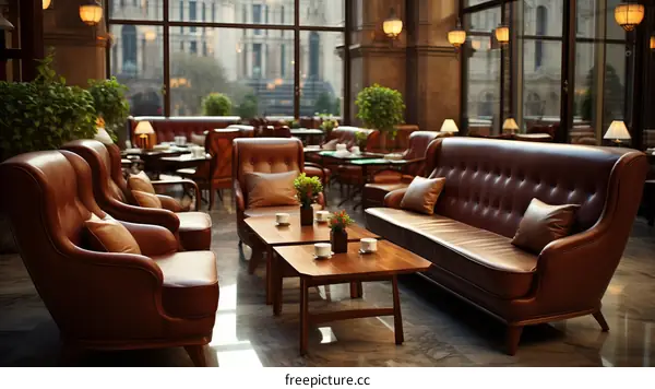 Luxurious hotel lobby with leather chairs and marble floor