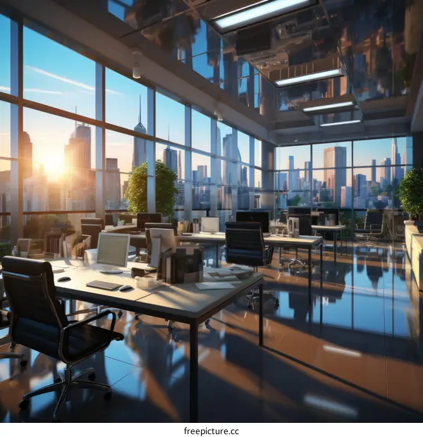 Sunrise Shines into Modern Office through Glass Windows