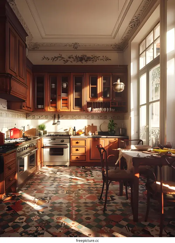 Vintage Kitchen Interior Design with Wooden Cabinets and Tile Floor