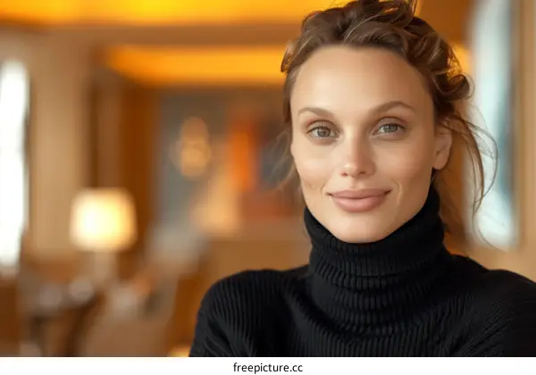 Portrait of a beautiful young woman with brown hair and green eyes wearing a black turtleneck sweater