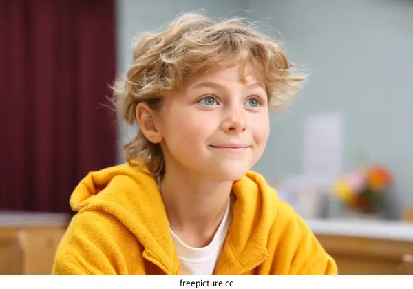 Caucasian Child Wearing Yellow Hoodie Portrait