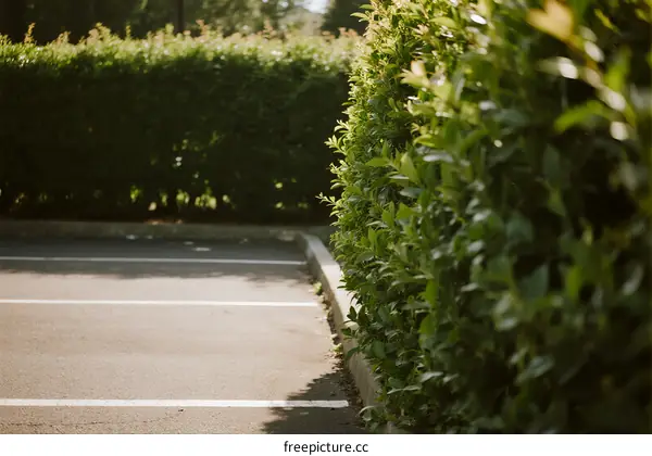 Sunlit parking lot with green hedges on the side