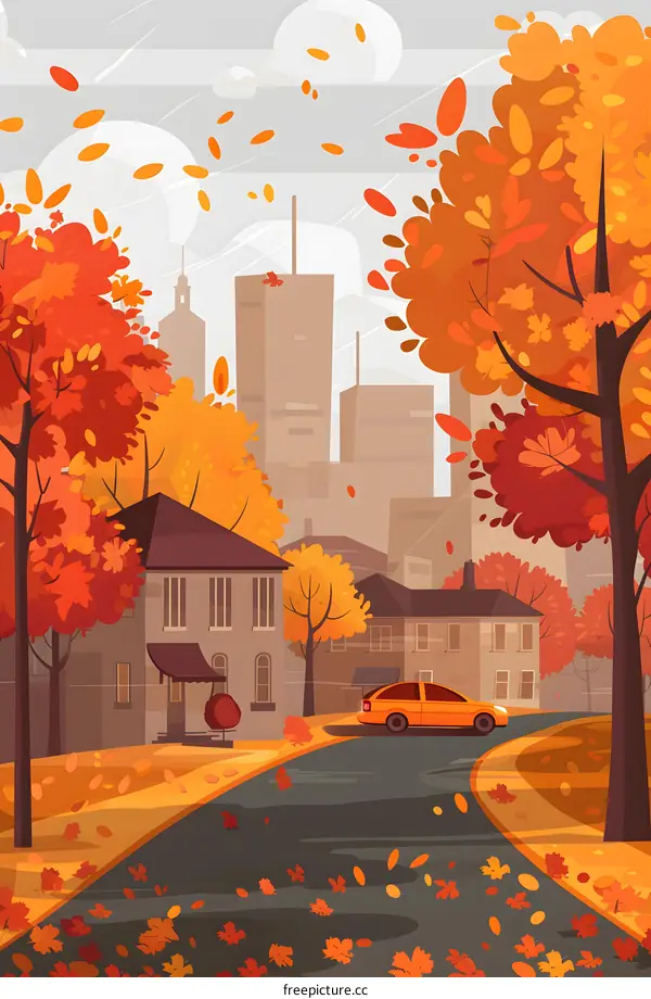 Autumn Cityscape with Fallen Leaves and a Car