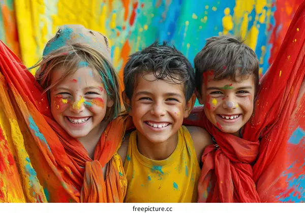 Three happy children covered in colorful powder