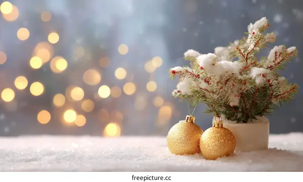 Christmas Decorations on Snow-Covered Tabletop