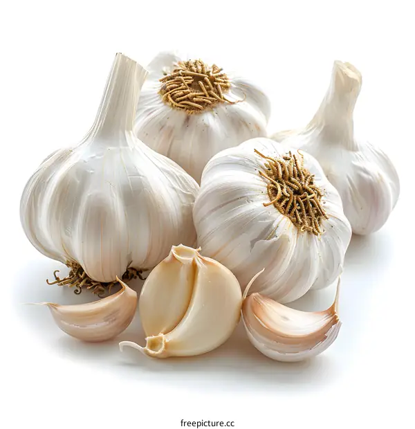 Three heads of garlic and one split garlic bulb
