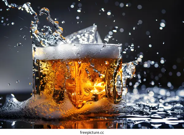 Close Up of Beer Splashing in Glass with Ice
