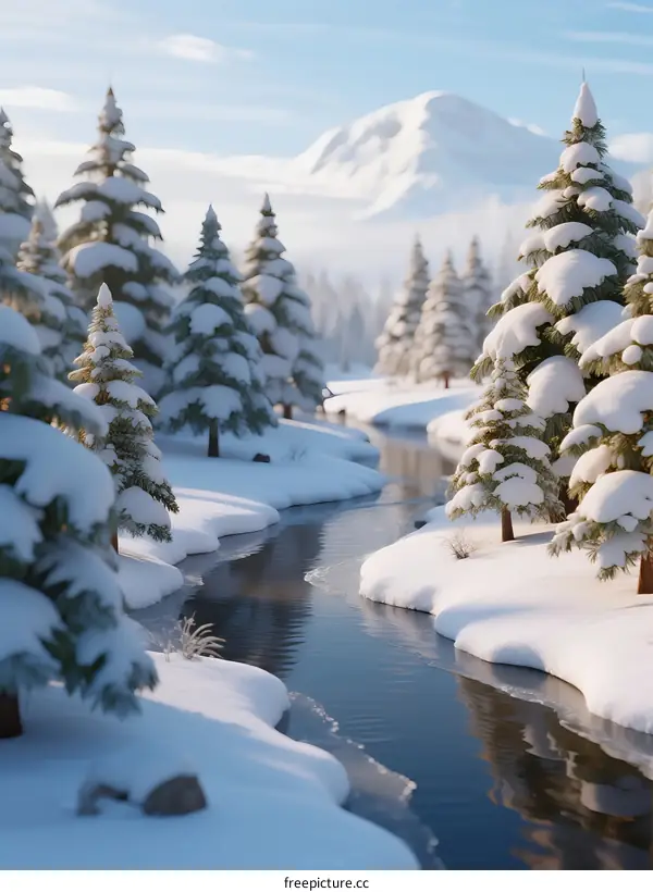 A Scenic Winter Stream Flowing Through Snow-Covered Pine Trees