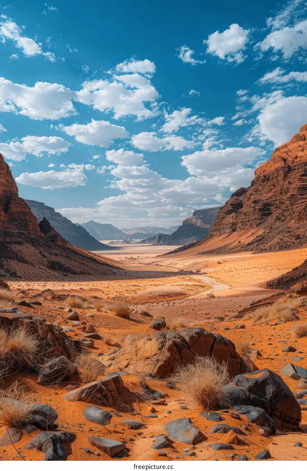 A Vast Desert Landscape with Striking Rock Formations and Mountains
