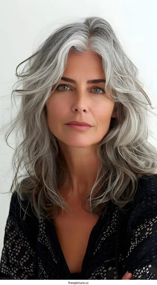 Woman With Silver Hair Looking at the Camera