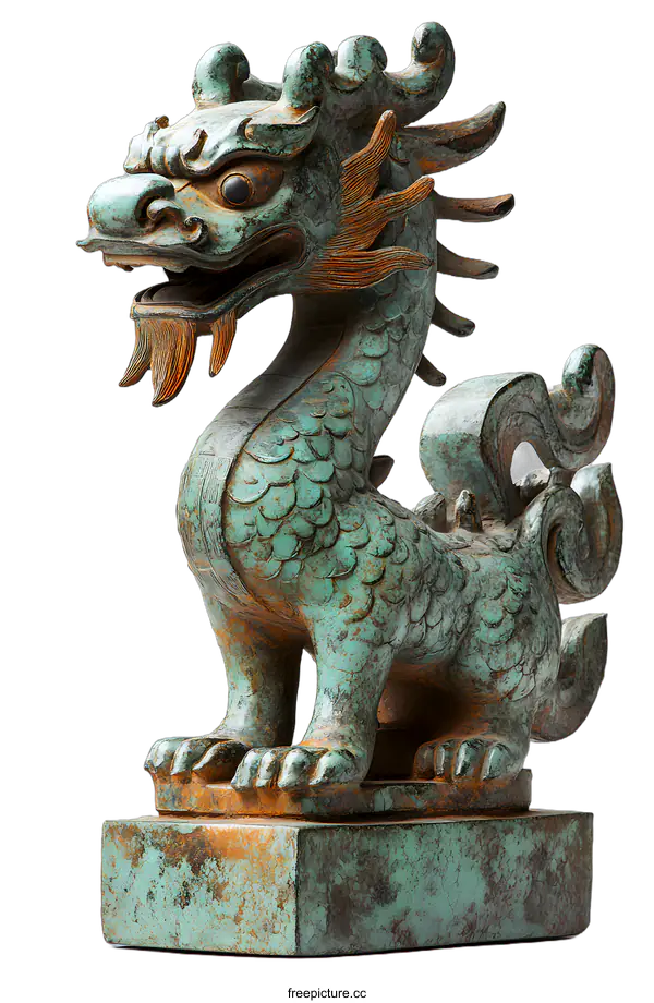 [Transparent Background PNG]Antique Chinese Dragon Statue With Green Patina