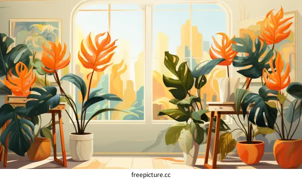 vibrant illustration of a sunlit room with tropical plants