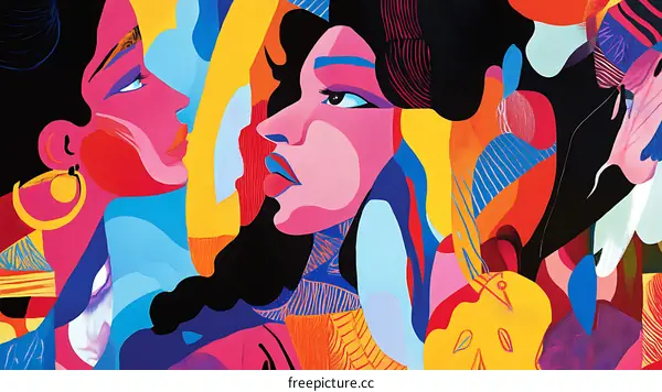 Abstract Art With Three Women In Colorful Geometric Shapes