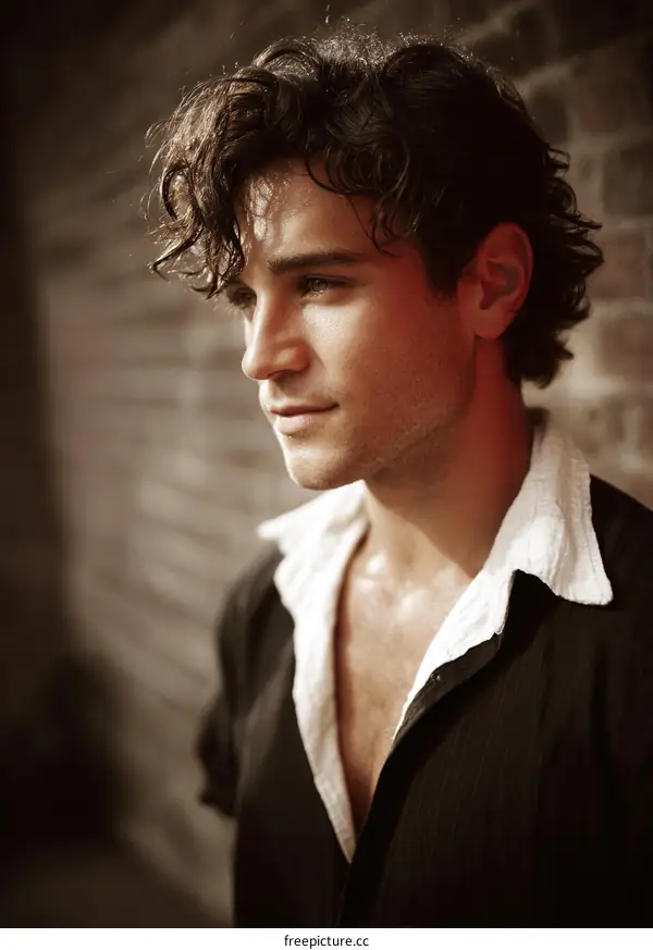 Close-up Portrait of a Young Man Against a Brick Wall