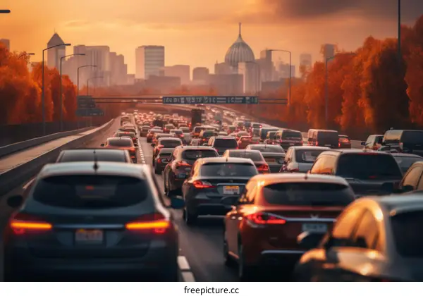 Rush Hour Traffic Gridlock on a City Highway at Sunset