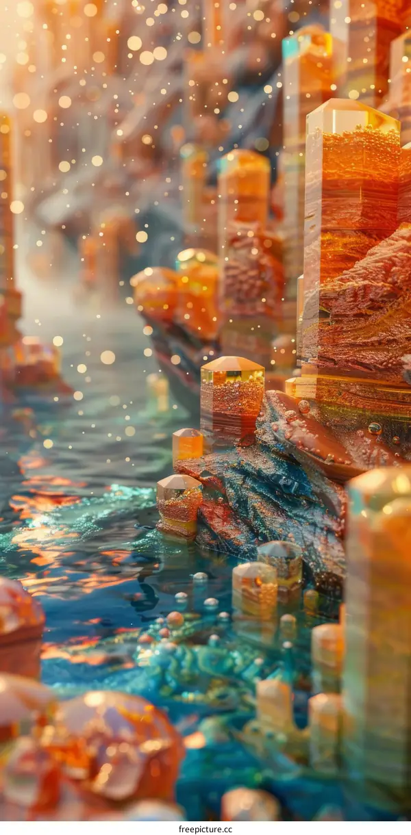 Mystical Amber Crystal Structures Emerging from Water