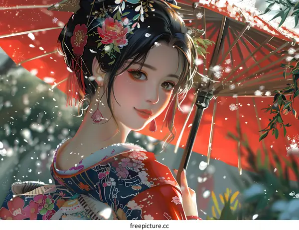 A beautiful Japanese woman in a kimono holding a red umbrella in the snow