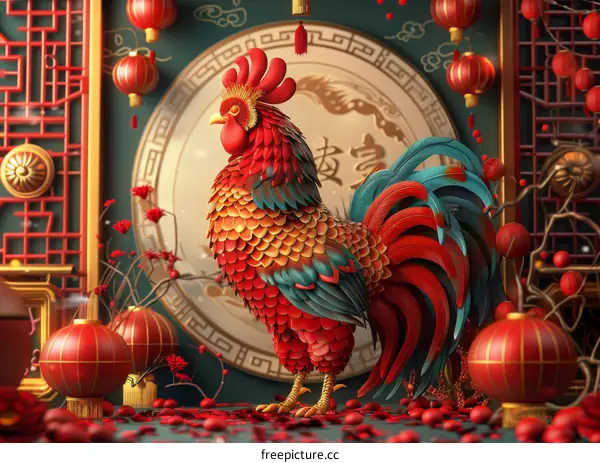 Rooster Stands in Front of Red Gate