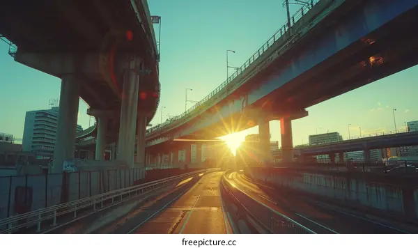 Sunset Over the City's Elevated Expressway
