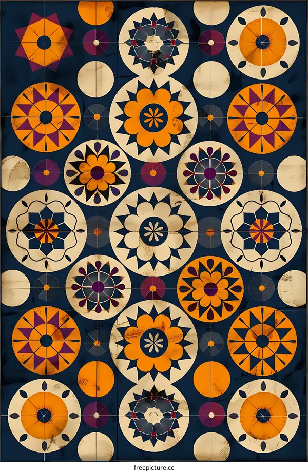Geometric Pattern With Floral Motifs In Orange, Blue, And Purple