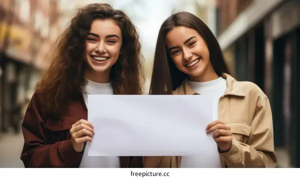 Two young women holding a blank sign