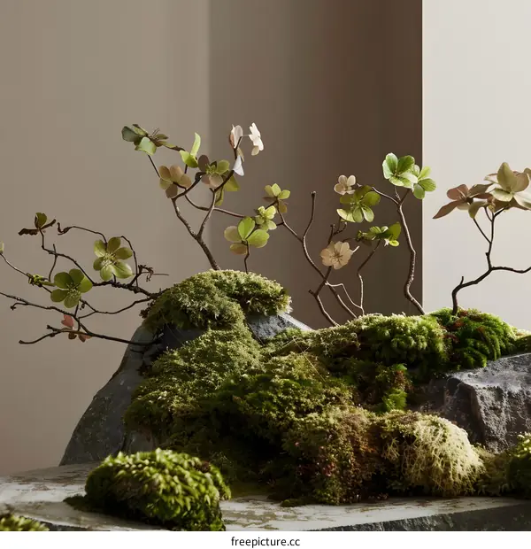 Green Mossy Rock Arrangement with Delicate Branches and Flowers