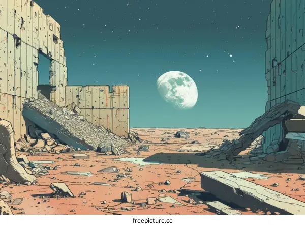 A post-apocalyptic city with a large moon in the background