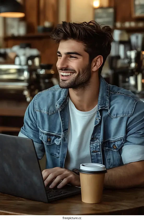 Man Working on Laptop in Cafe with Coffee