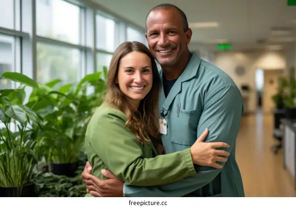 Smiling multiethnic doctors and nurses in a hospital hallway