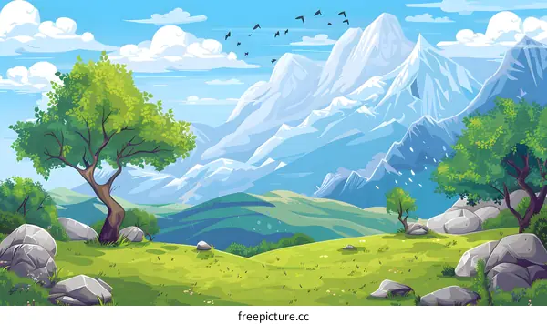 Green Landscape with Snow Capped Mountains