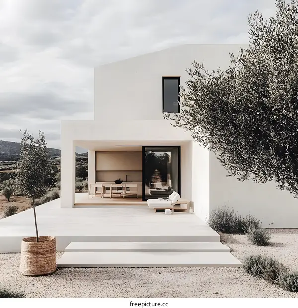 Modern Minimalist White House with Patio and Olive Trees