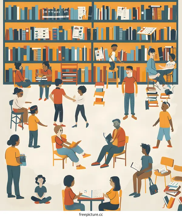 Diverse Group of Children Reading and Learning in a Library