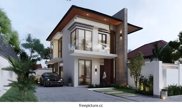 Modern Two Storey House With A Car In The Driveway